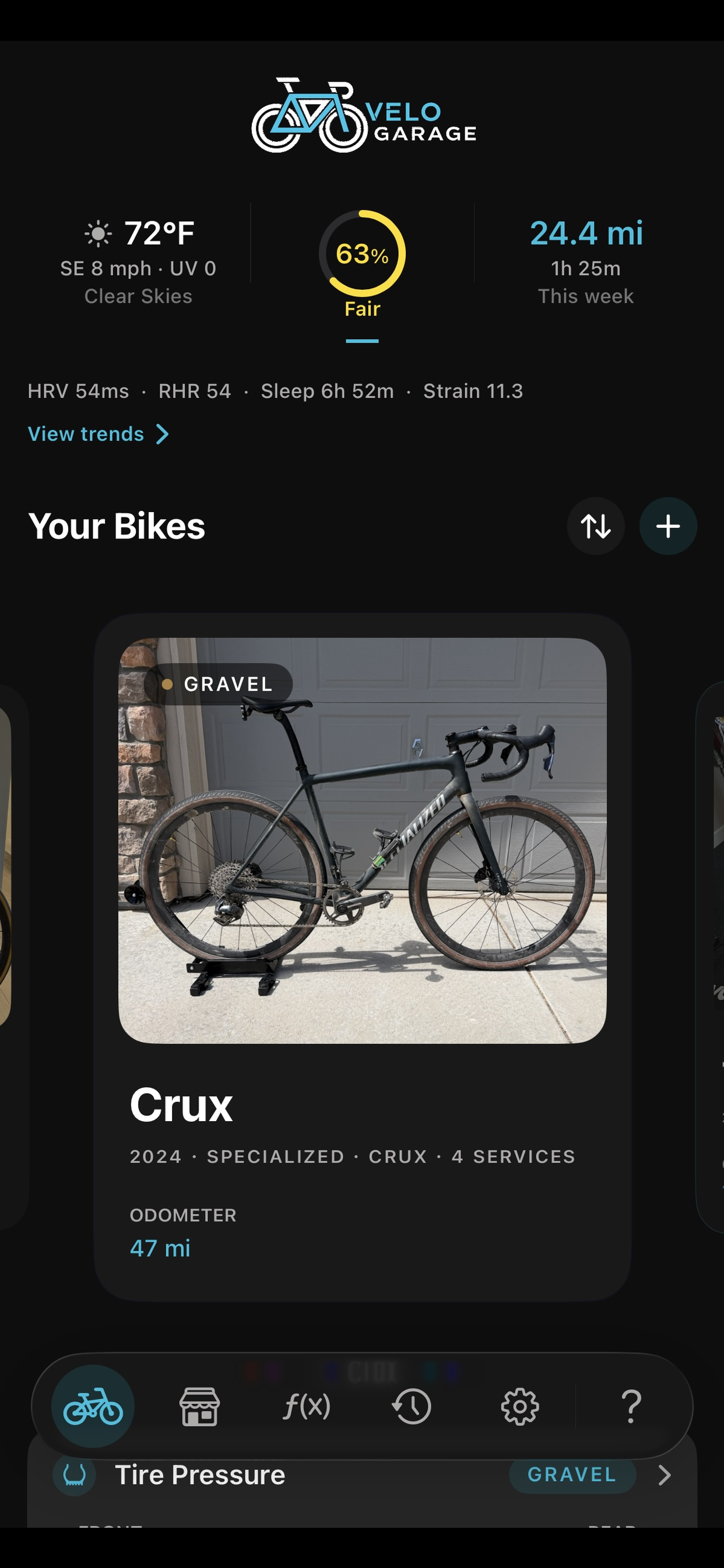 Velo Garage home screen showing the bike quiver