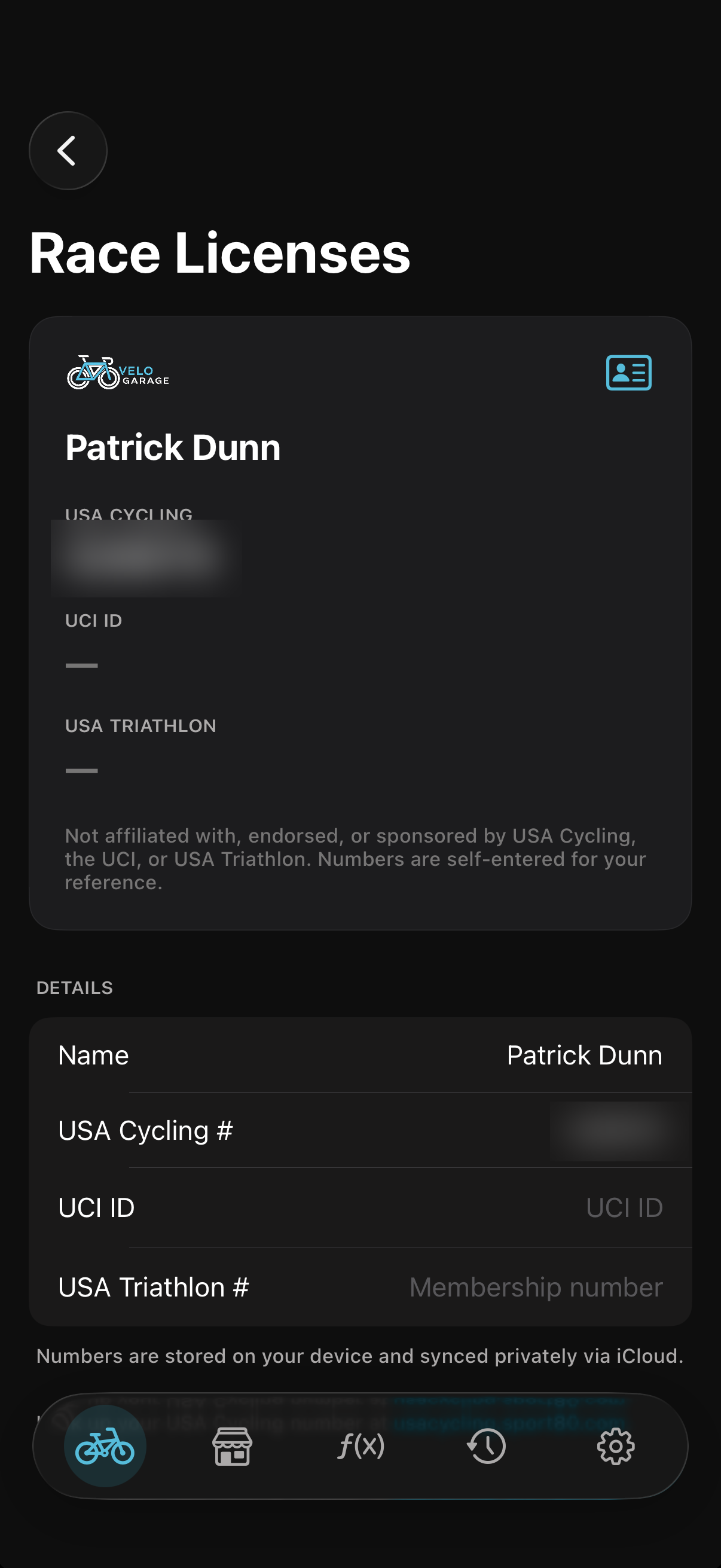 Race Licenses screen storing USA Cycling, UCI, and USA Triathlon numbers